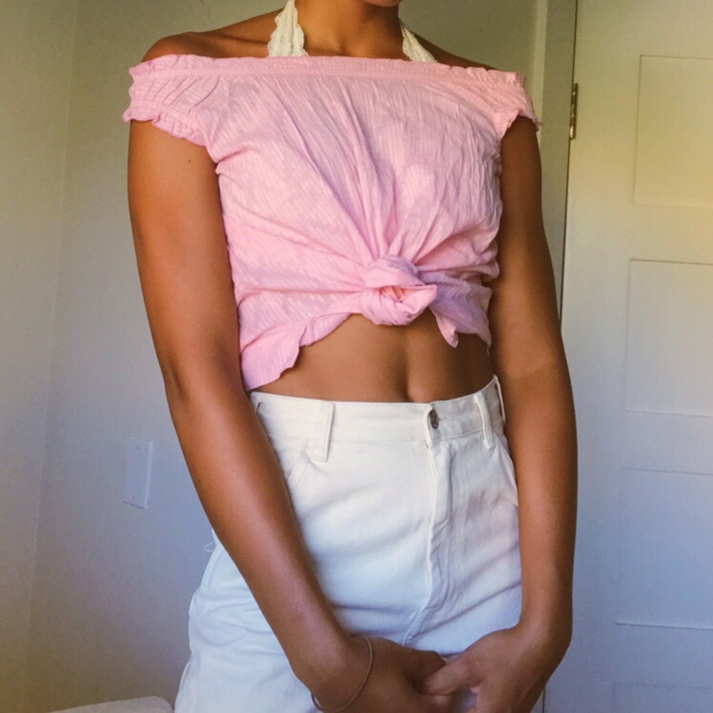 Off the shoulder pink ruffle top